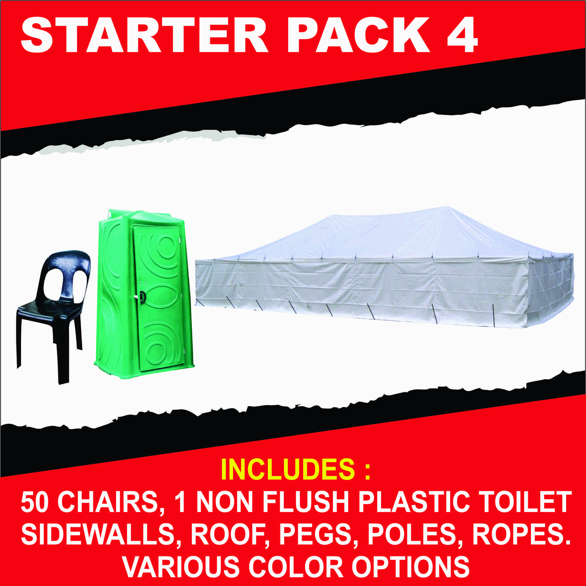 Starter Pack 4 - 7m x 12m Pole Tent With 50 Chairs & 1 Non Flush Plastic Toilet